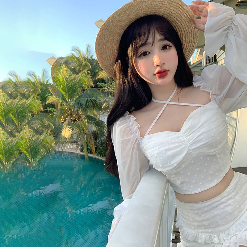 Áo Croptop Tay Dài Dáng Ôm Vải Voan Phối Dây Cột Họa Tiết Chấm Bi Thời Trang Cá Tính Cho Nữ