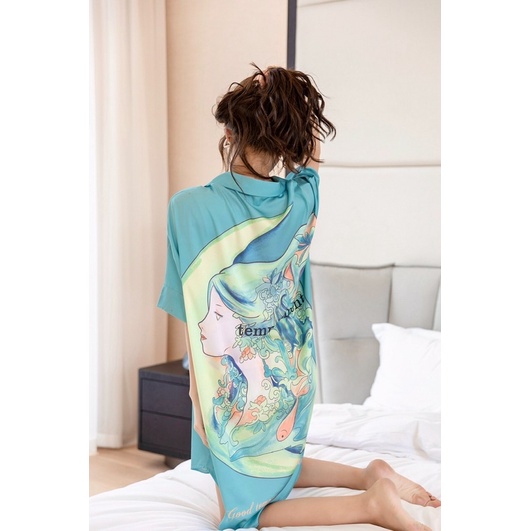 Váy ngủ sơmi lụa tay lỡ nàng tiên hạ lụa satin cao cấp quảng châu T004.