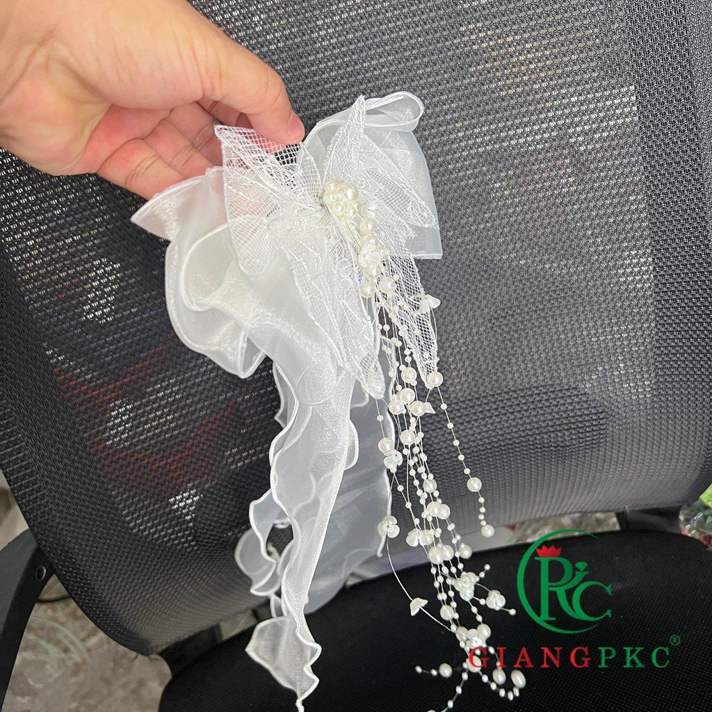Voan ngắn cài tóc cô dâu bướm cứng hạt trai dây 2022 Giangpkc  ngang 22cm dài 45cm Phụ kiện cưới Giang