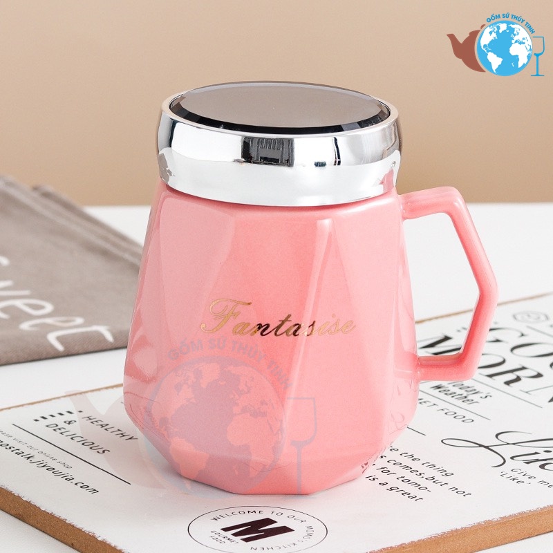 Ly sứ nắp tráng gương thân ly họa tiết kim cương 460ml có tay cầm cao cấp