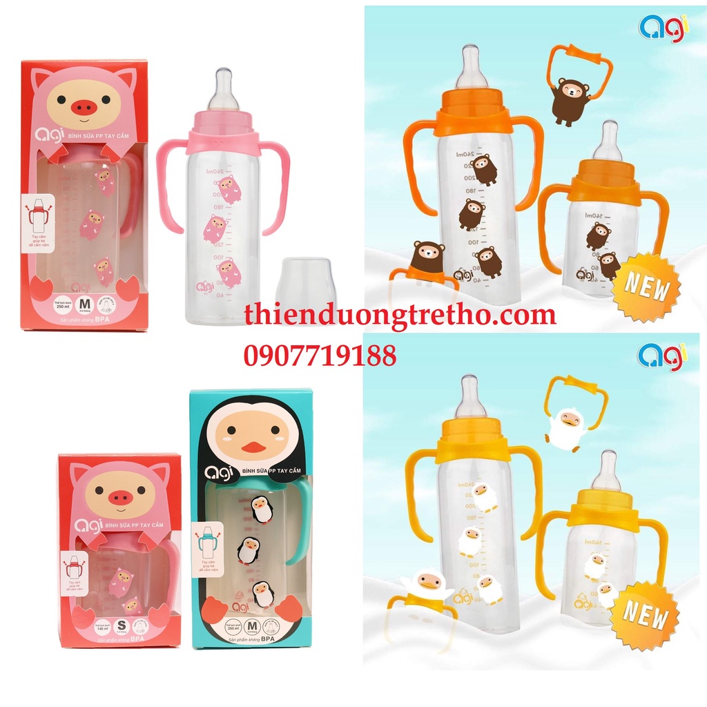 Bình sữa Agi cổ hẹp có tay cầm 140ml/ 250ml nhựa PP (Mẫu Ngẫu Nhiên)Thiên Đường Trẻ Thơ