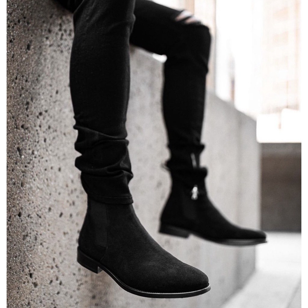 Giày Bốt Nam Da Bò Nguyên Tấm, Chelsea Boot Da Lộn Đen Tăng Chiều Cao