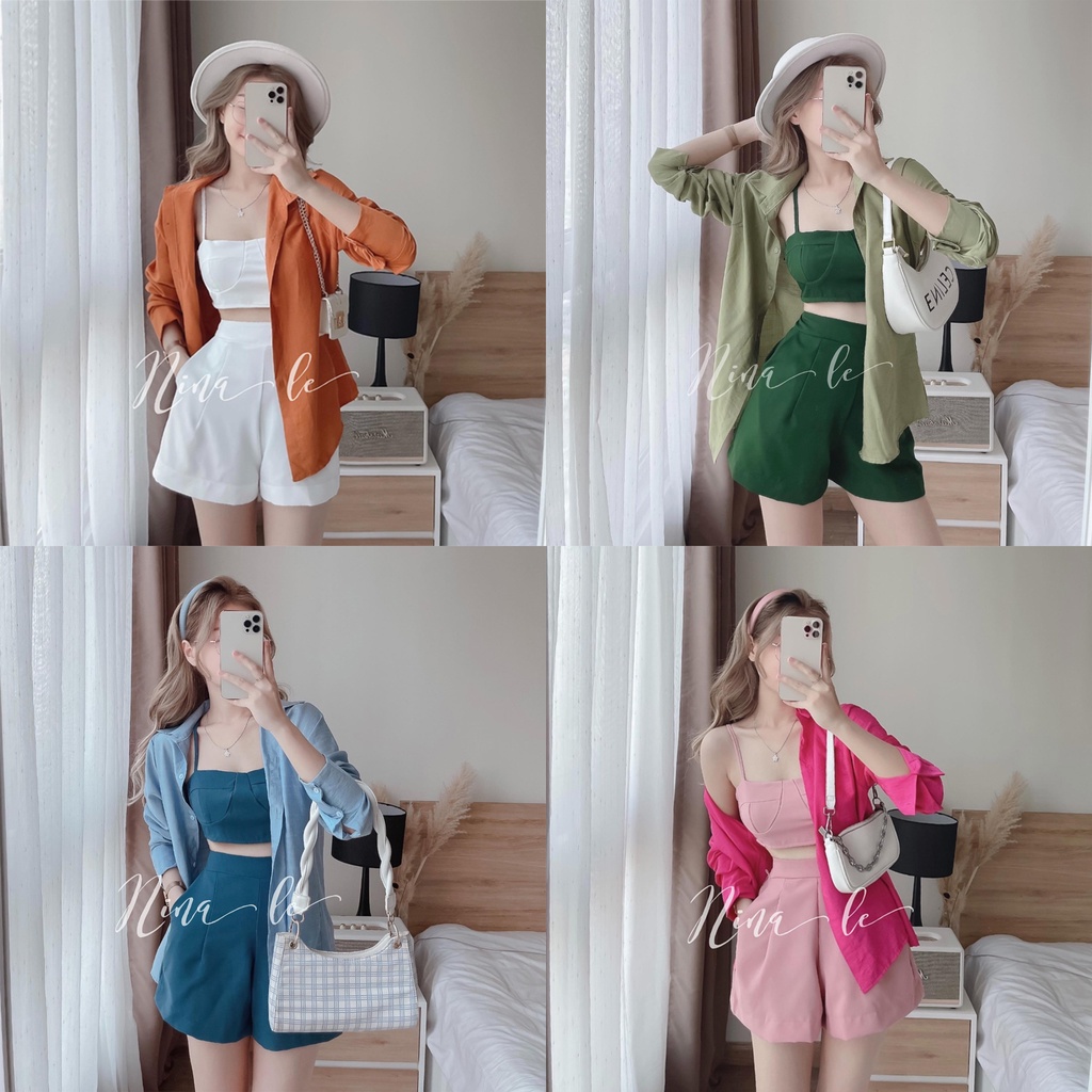 Set 3 món áo sơ mi mix áo bra 2 dây quần short đùi nữ set bộ đi biển