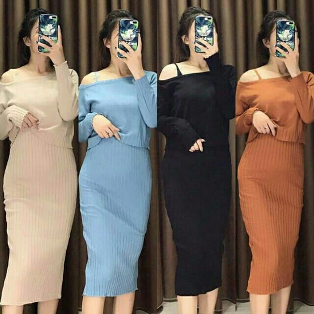 Sỉ Set len đũa 2 dây kèm áo croptop QC loại 1