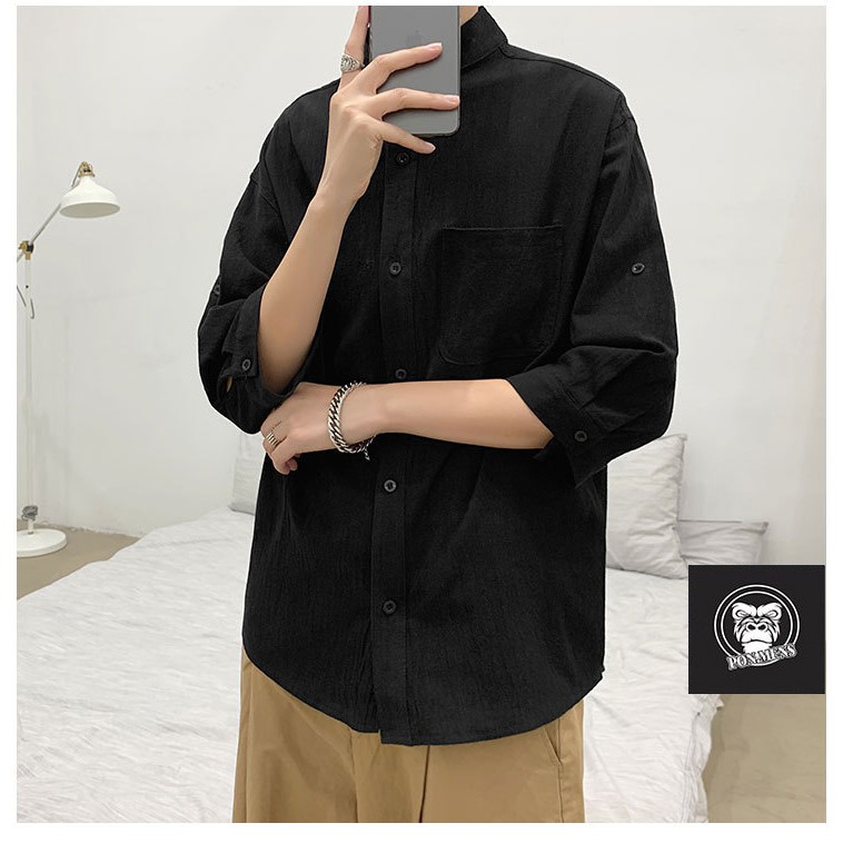 Áo sơ mi đũi nam form rộng tay lỡ phong cách Hàn Quốc 2021