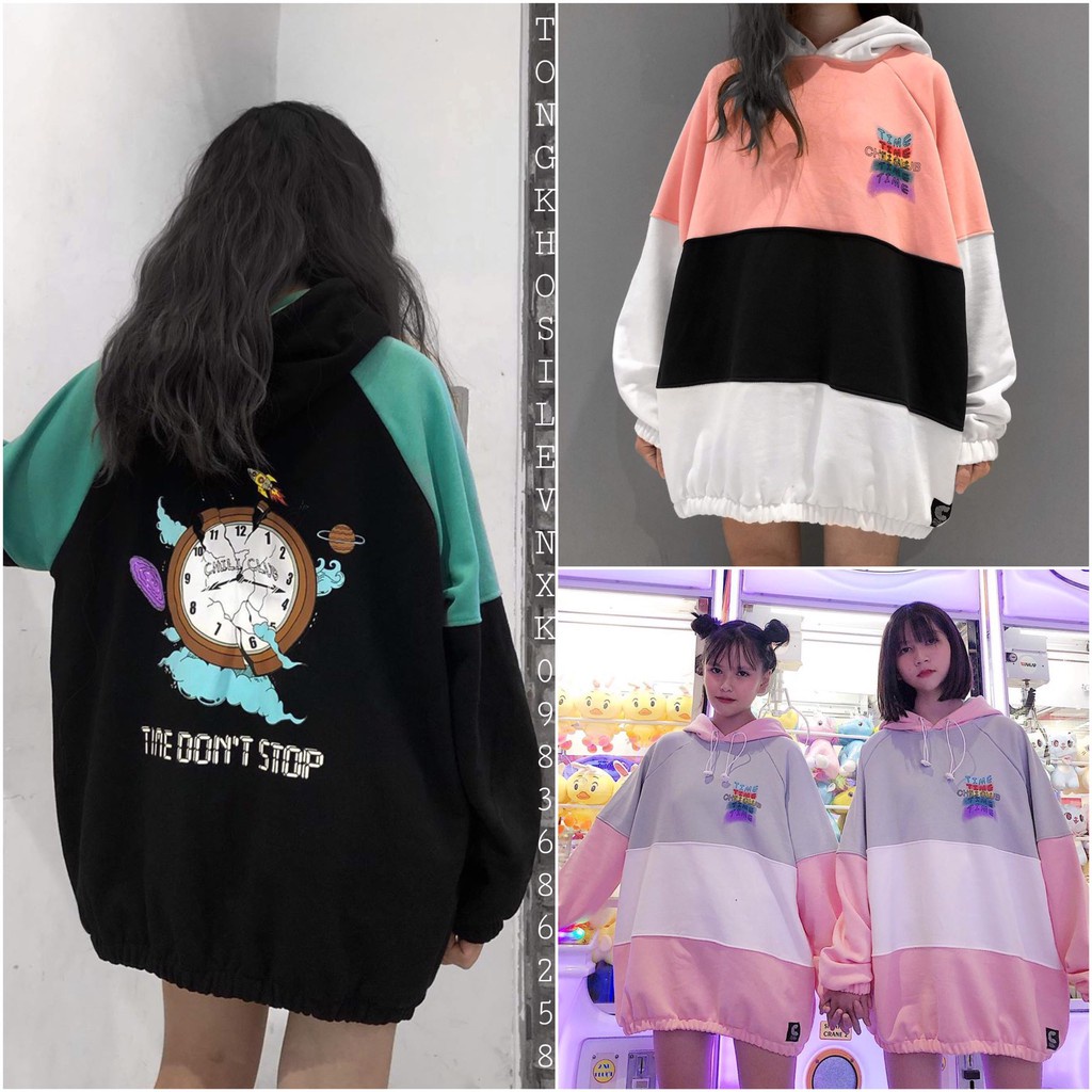ÁO HOODIE TIME DON'T STOP - ÁO NỈ MŨ NGOẠI RAGLAN CHILI ĐỒNG HỒ XANH CAM HỒNG