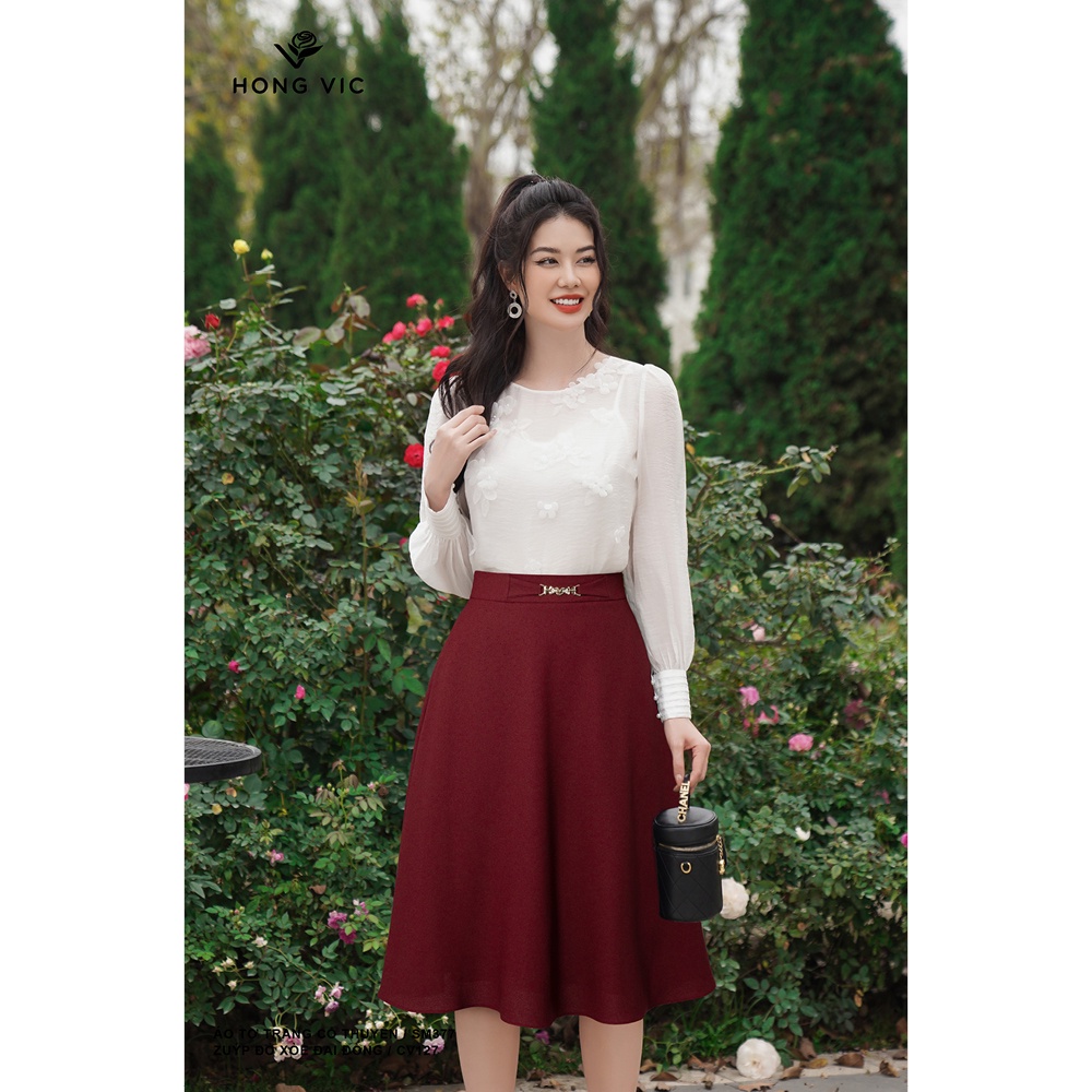 Chân váy nữ thiết kế Hong Vic đỏ xòe đai đồng CV127