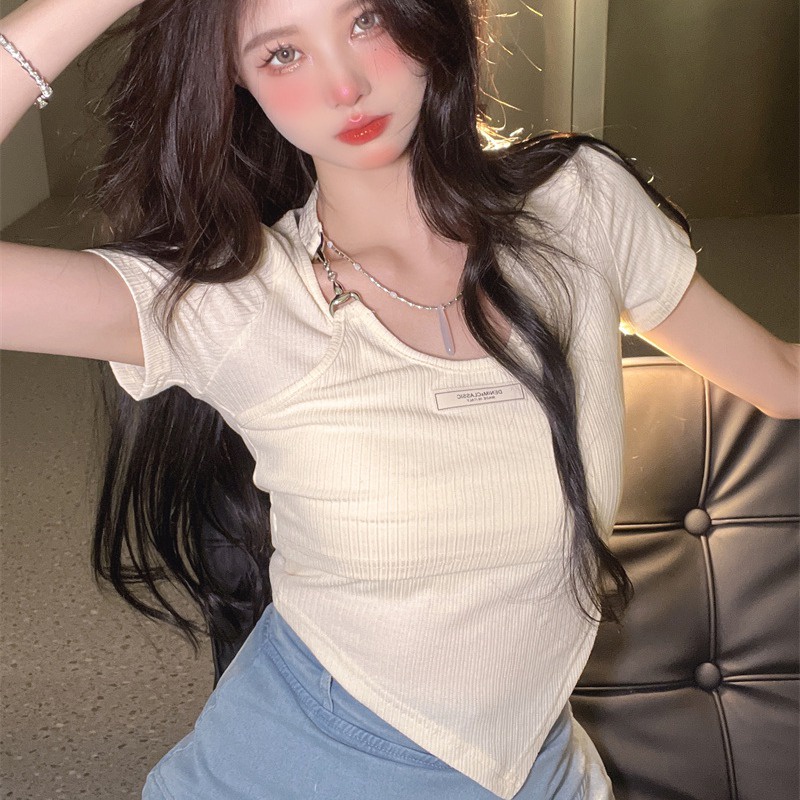 Áo Thun Croptop Ngắn Tay Cổ Yếm Phối Màu Tương Phản Kiểu Hàn Quốc Thời Trang Mùa Hè Cho Nữ