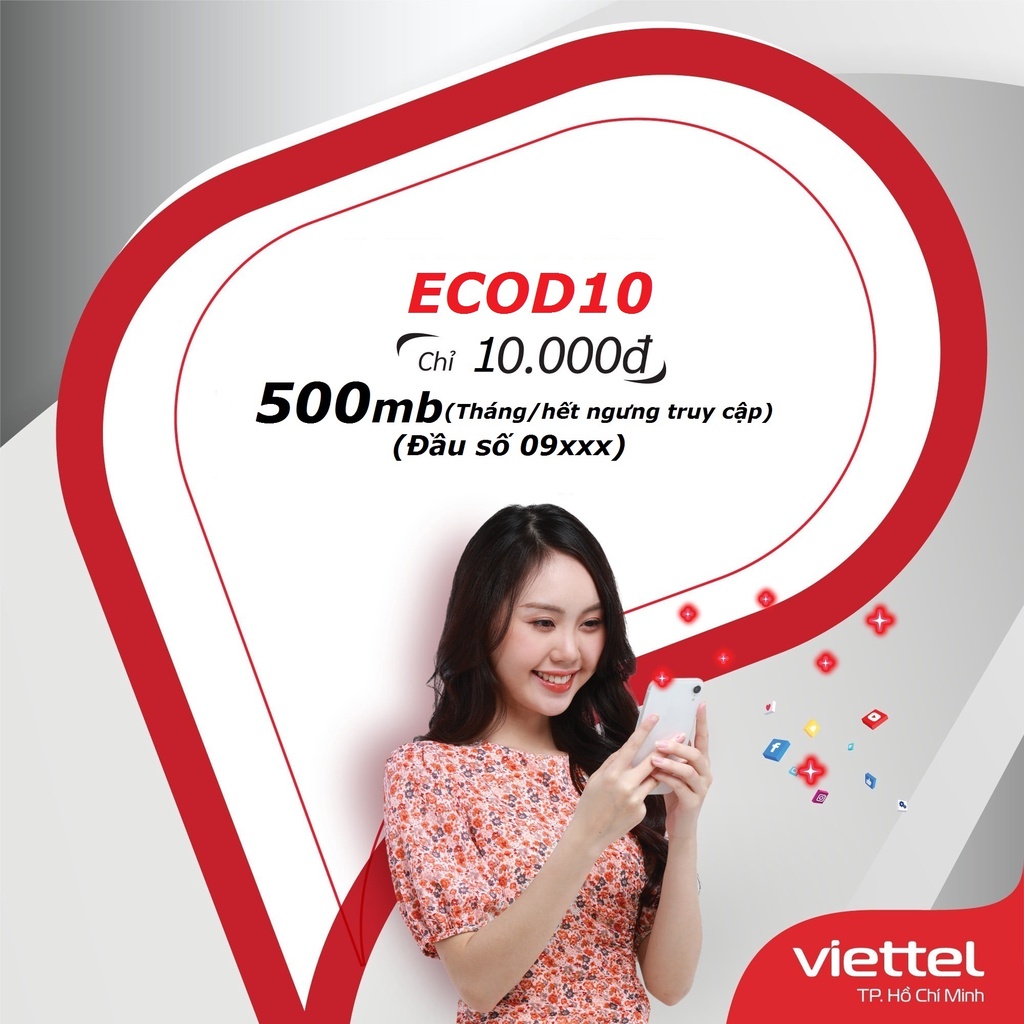 Sim 4G Viettel gói ECOD10 miễn Phí 500MB tháng đầu số 09xxx