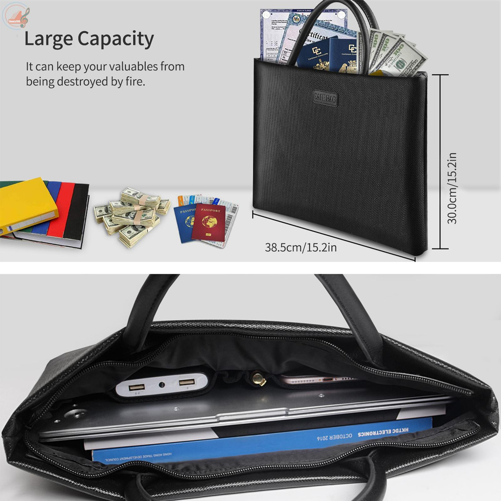 Fireproof Money & Document Bag Fire and Water Resistant Large Safe Bag Storage Pouch Organizer with Handle Zipper Closure for A4 File Documents Cash Jewelry Passport and Valuables