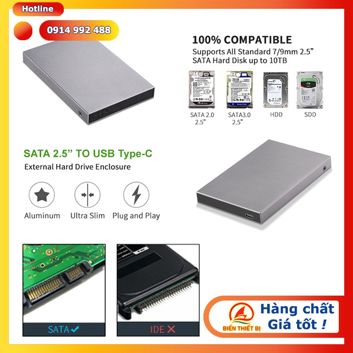 Box ổ cứng HDD SSD 2.5 SATA Type-C Hộp đựng ổ cứng HDD, SSD 2.5 inch SATA Laptop làm ổ cứng di động, cắm ngoài qua USB