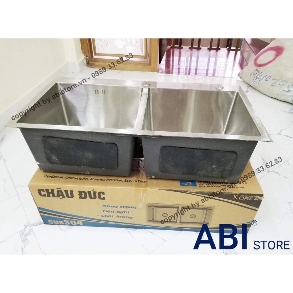 [b.h 5 năm]CHẬU RỬA BÁT ĐÚC KOREA 2 HỐ 82x45 INOX DÀY ĐẸP (CHẬU RỬA CHÉN 2 HỘC)