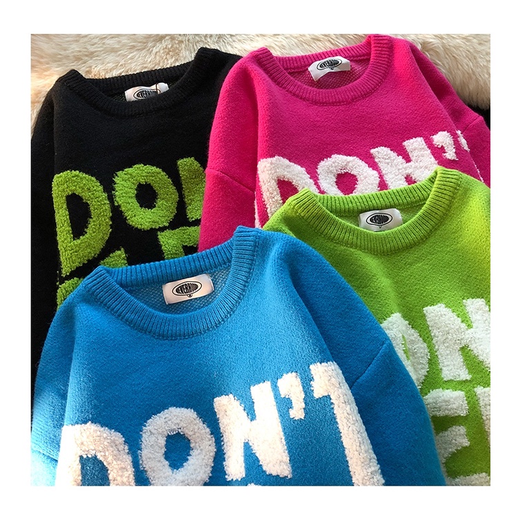Áo sweater tay dài cổ tròn dáng rộng thêu chữ phong cách retro Nhật Bản cá tính cho nam