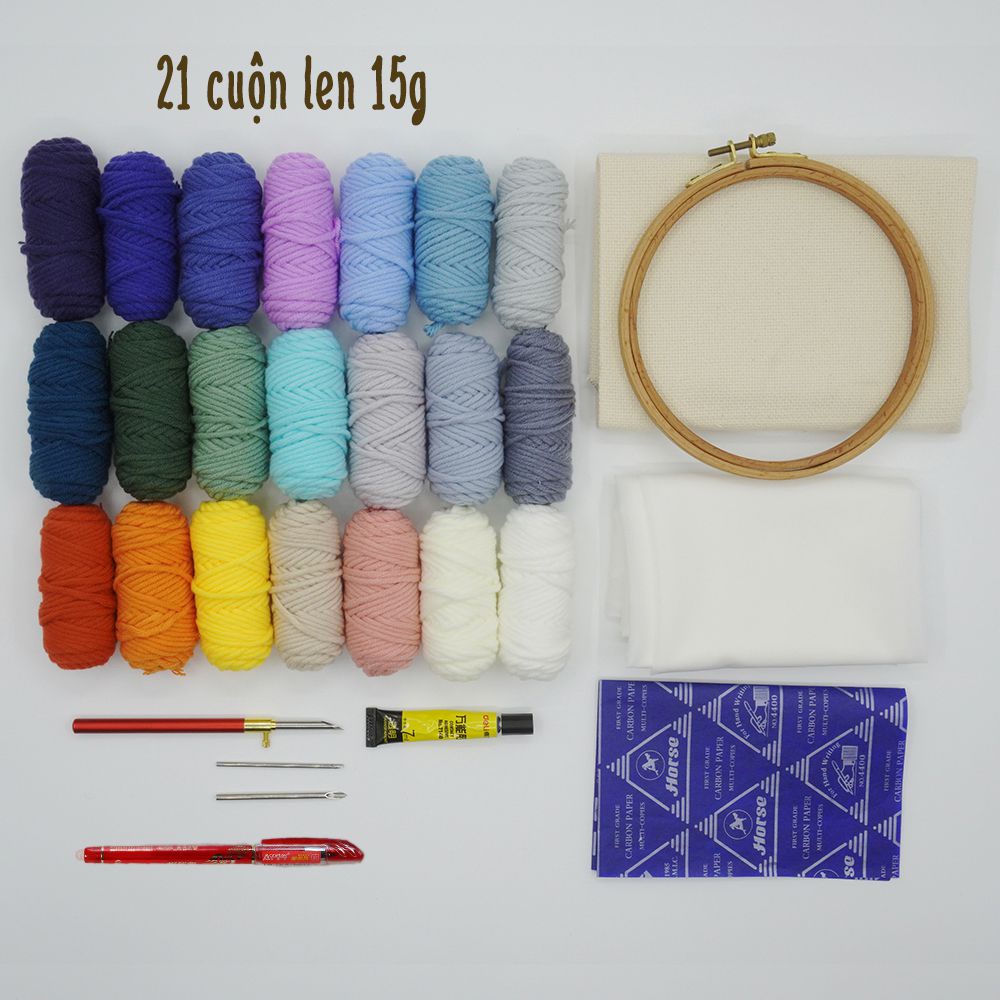 [Set thêu LEN nổi] 21 cuộn len 15g + khung gỗ du 21cm và phụ kiện