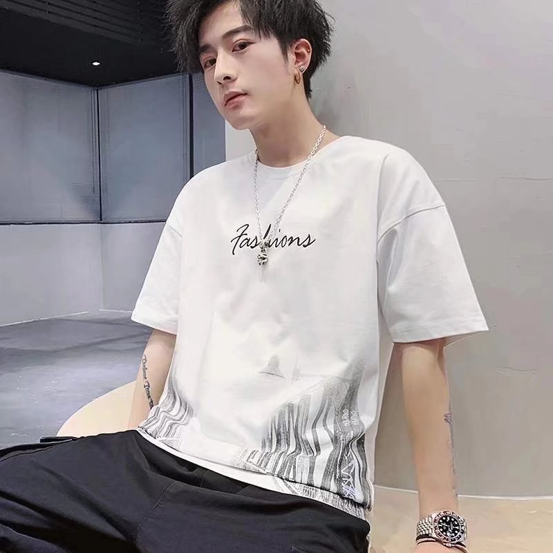 Áo thun tay ngắn cổ tròn dáng rộng in họa tiết phong cách hip hop Hàn Quốc thời trang cho nam size M-3XL