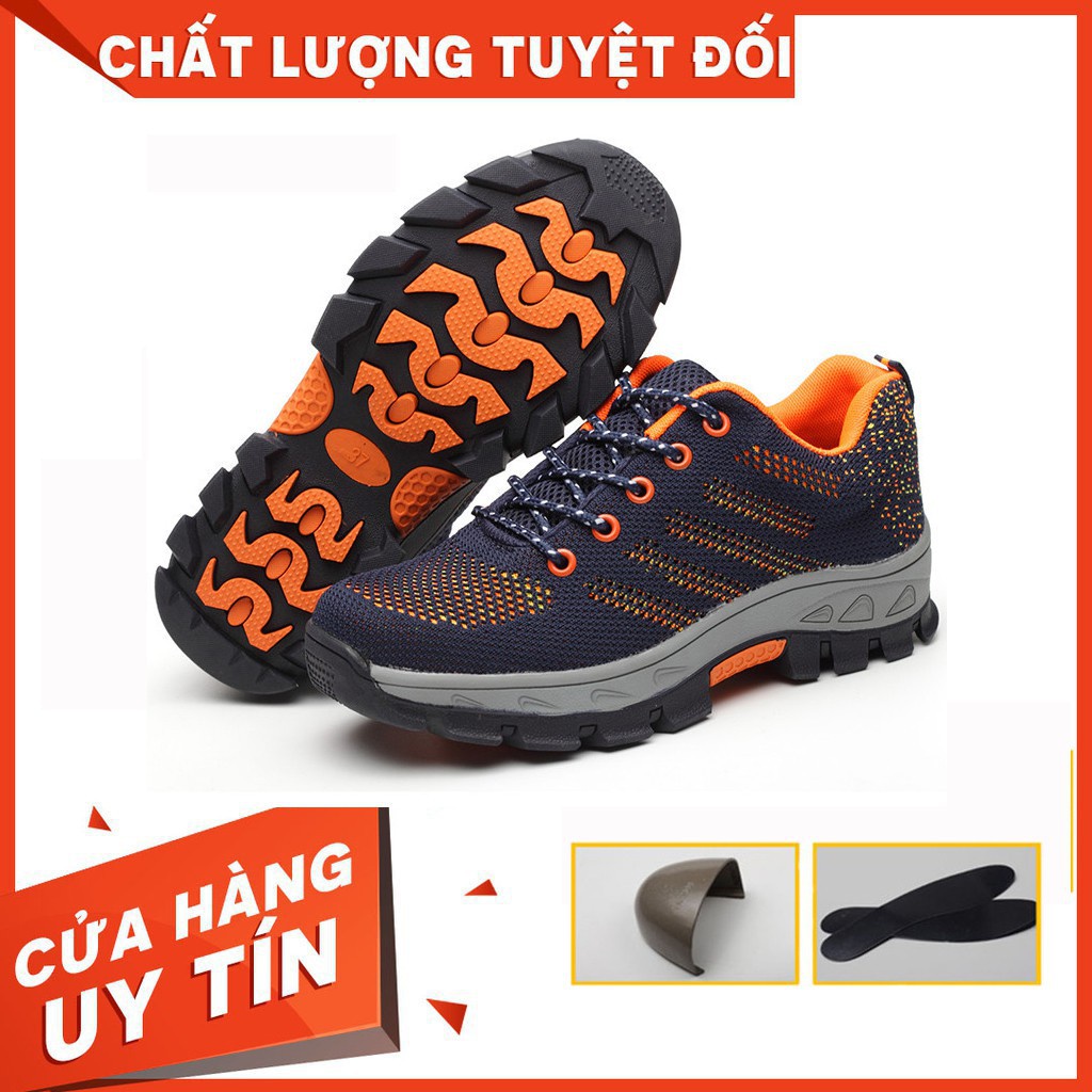 Giày bảo hộ lao động thể thao siêu bền màu cam, có mũi thép chống va đập, đế lót thép chống đâm xuyên