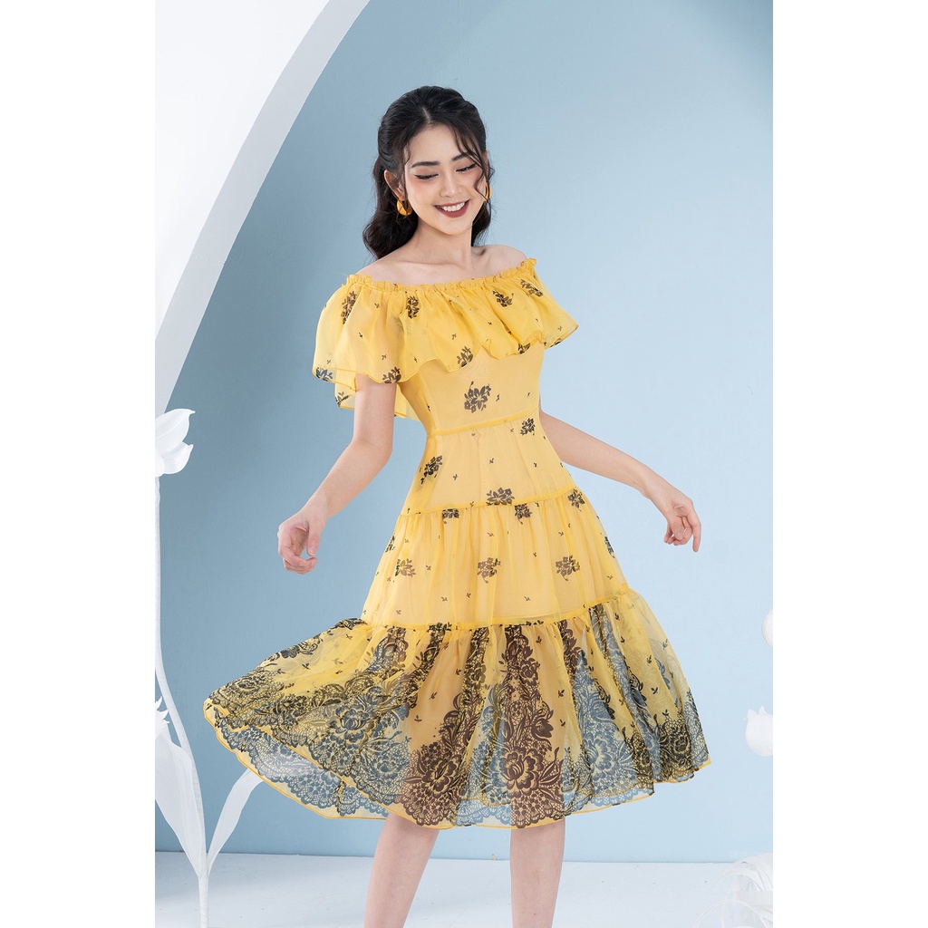 Đầm Maxi Tơ Xếp Tầng Dài Tới Bắp Chân Luperi LFV3290 cổ chun mặc nhiều kiểu cho nàng mặc đi biển dạo phố may 2 lớp