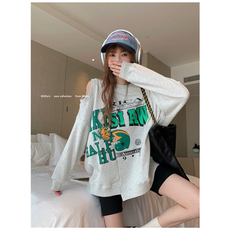 Áo Sweater Cổ Tròn Tay Dài Dáng Rộng In Họa Tiết Kiểu Retro Mỹ Thời Trang Cho Nữ