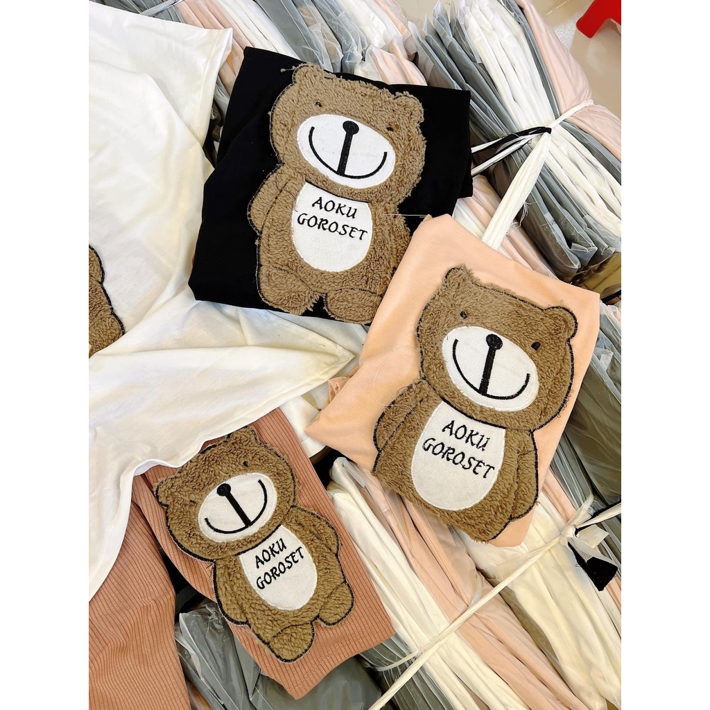 Đồ bộ nữ, set đồ bộ ngố quần lửng đai cao và áo thun cotton ngắn tay cổ tim xẻ lai form rộng thêu gấu, bộ đồ mặc nhà