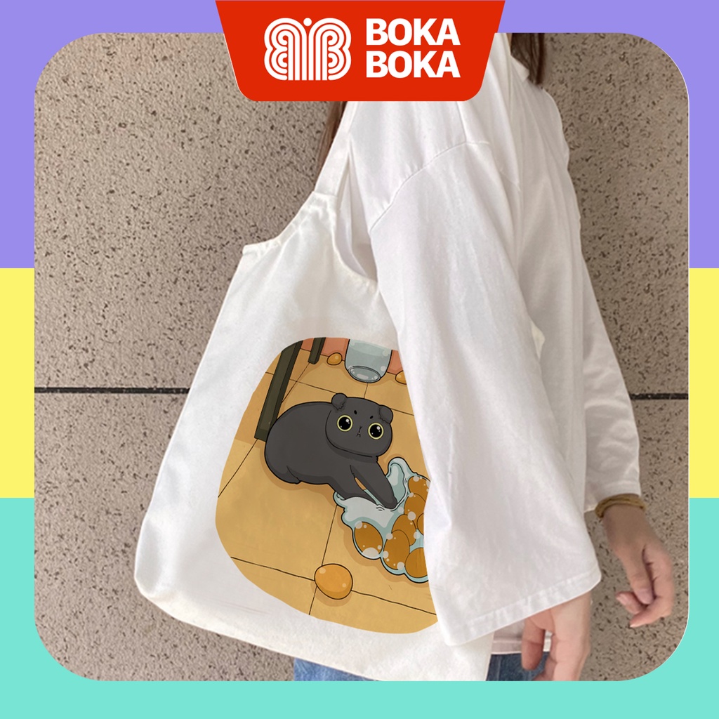 Túi vải tote canvas quai tròn in hình mèo Floofler phong cách Hàn Quốc