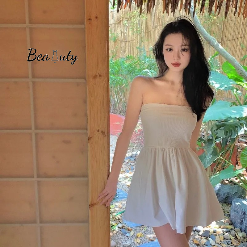 [MURIOKI] Đầm Mini Trễ Vai Eo Cao Màu Trắng Đen Phong Cách Hàn Quốc Gợi Cảm Cho Nữ