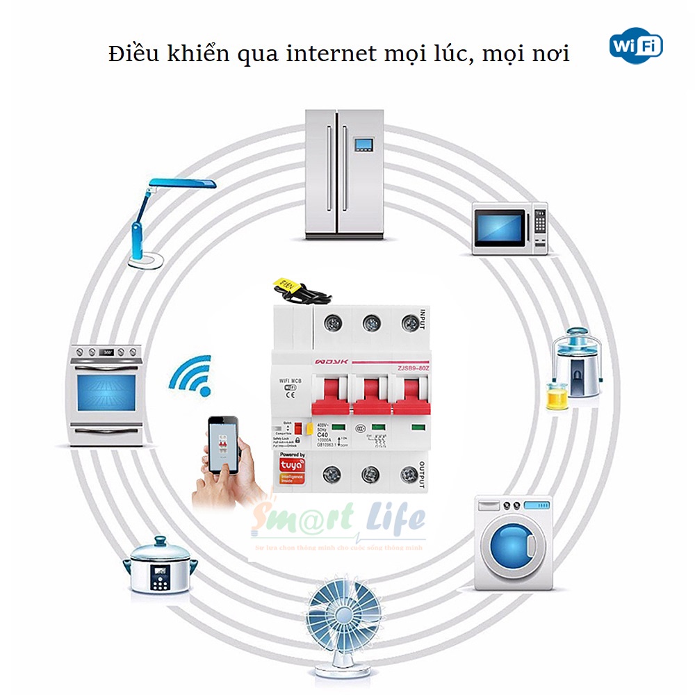 Aptomat cầu dao tổng CB thông minh wifi qua App Smart life Tuya, Công suất 80A - 1P, 2P, 3P Điều khiển giọng nói
