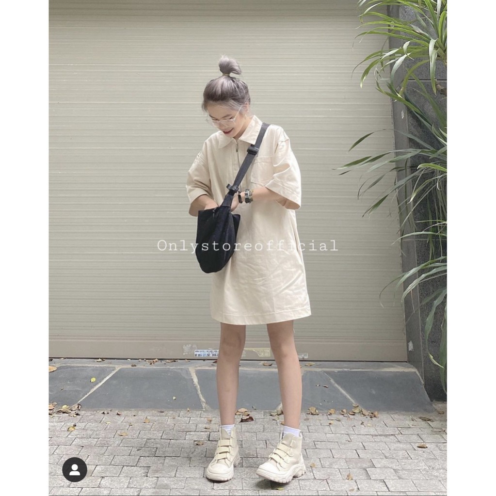 Đầm phối cổ sơ mi khóa kéo nữ - Áo váy form rộng oversize, thun phông tay lỡ kiểu dáng basic Ulzzang HOT