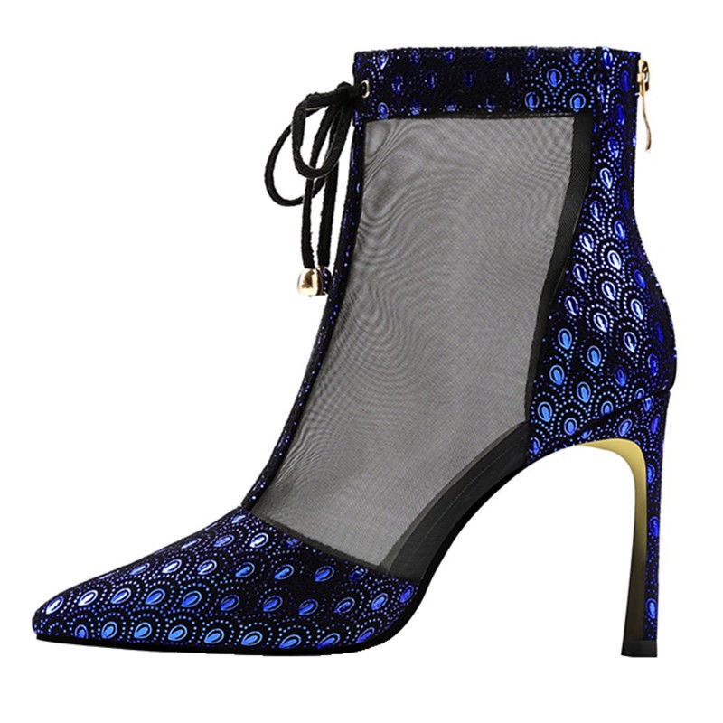 Giày Cao Gót Da Mềm Phối Lưới Thoáng Khí Màu Đen Và Xanh Dương Thời Trang Quyến Rũ Cho Nữ