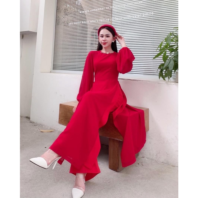 Áo dài may sẵn voon tơ trắng 4 tà thời trang, áo dài thiết kế