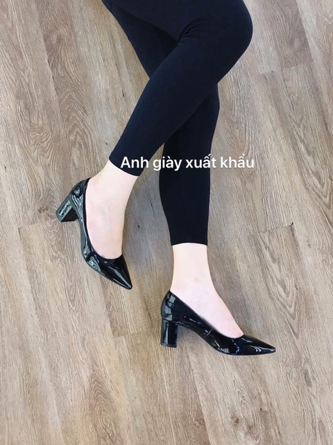 Giày da bóng gót vuông 5p lót mút siêu êm VNXK( ảnh thật, kèm video)