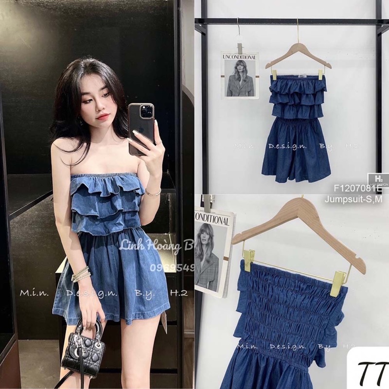 Jumpsuit short jean cúp ngực phối bèo tầng nhún