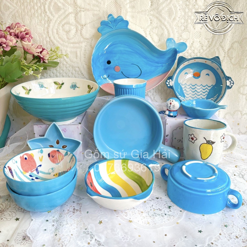 Bộ bát đĩa xanh biển cả cực cute