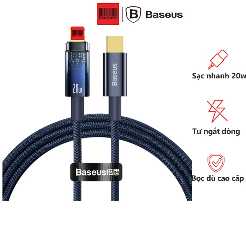 Cáp Tự Ngắt Baseus Explorer Series Sạc Nhanh 20w, Đầu Cáp Trong Suốt Đèn Led Báo Sạc Dây Bện
