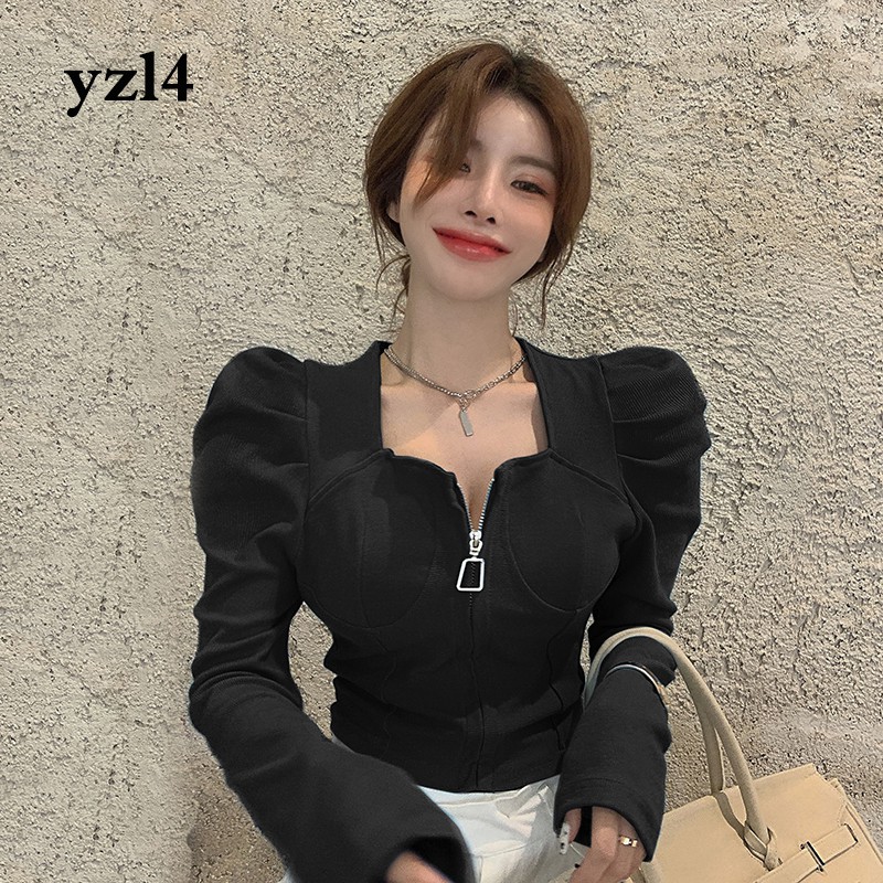 Áo Thun Dài Tay Cổ Vuông Màu Đen Phối Khóa Kéo Thời Trang