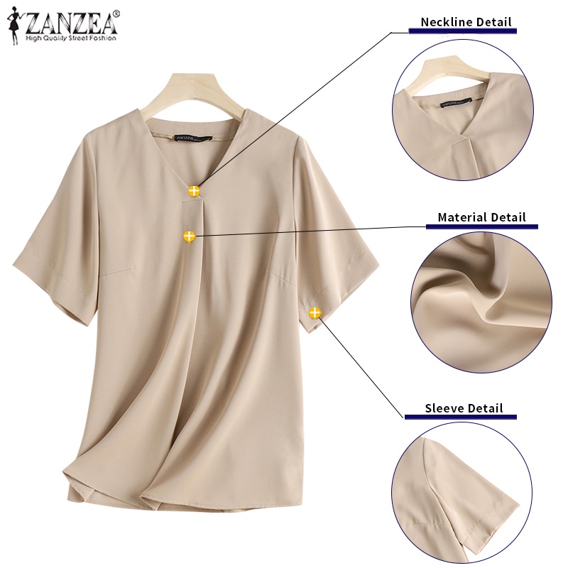 Áo ZANZEA tay lửng cổ chữ V màu trơn thời trang cho nữ