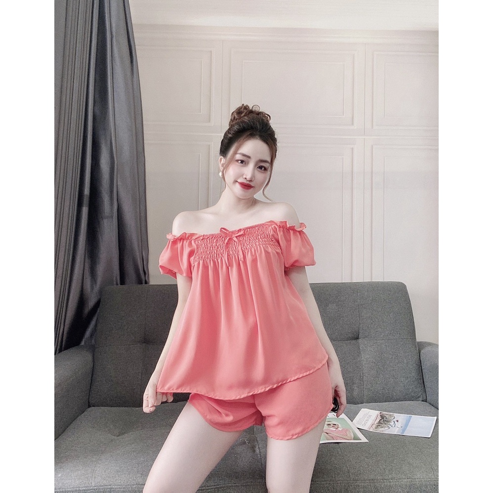 Đồ Bộ Nữ Áo Nhún Vai Chất Voan Tơ Cao Cấp NGUYEN, Đồ Mặc Nhà, Bộ Đùi Nữ Mặc Được Nhiều Kiểu Chất Mềm Mịn Xịn Xò. | BigBuy360 - bigbuy360.vn