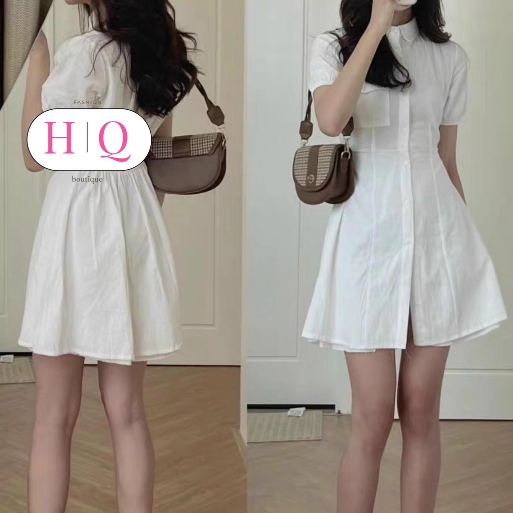 Váy Trắng Cổ Sơ Mi Thắt Eo HỞ LƯNG Đầm Suông Babydoll Cộc Tay Vintage Ulzzang Hàn Quốc - HQ Fashion