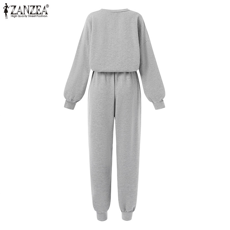 Set đồ nữ Zanzea gồm áo tay dài cổ tròn và quần dài lưng co giãn màu trơn phong cách đường phố thể thao