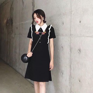 Đầm xòe đen công sở thêu hoa siêu xinh