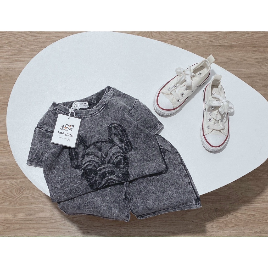 Bộ cộc tay bé trai, set bộ quần áo bò cotton cao cấp thêu họa tiết chú chó Buldog cho bé size 10-30kg