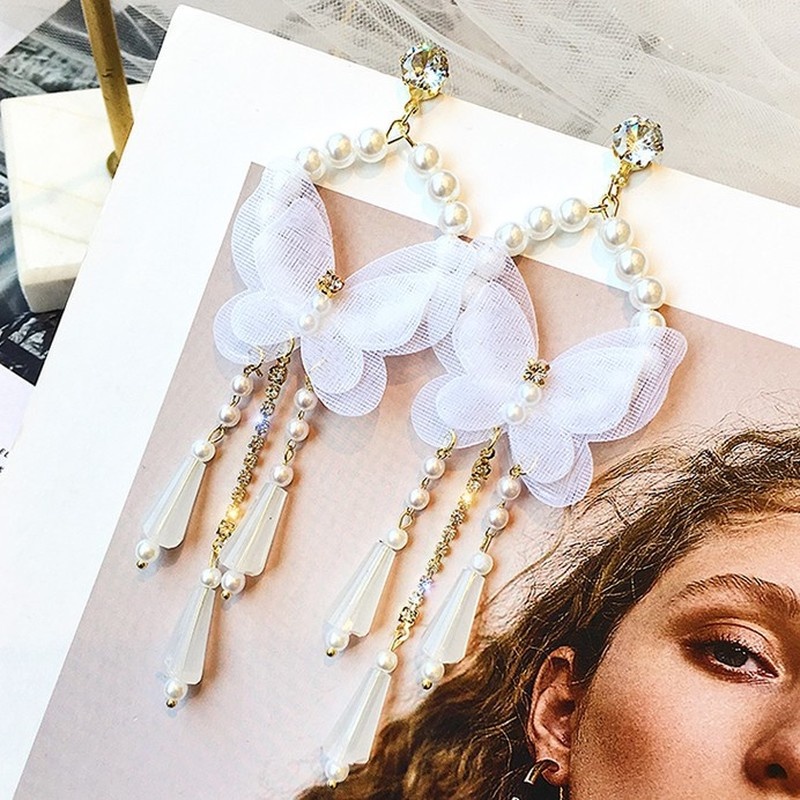 Bông Tai Dài Hình Bướm Đính Ngọc Trai Phong Cách Hàn Quốc Dành Cho Nữ