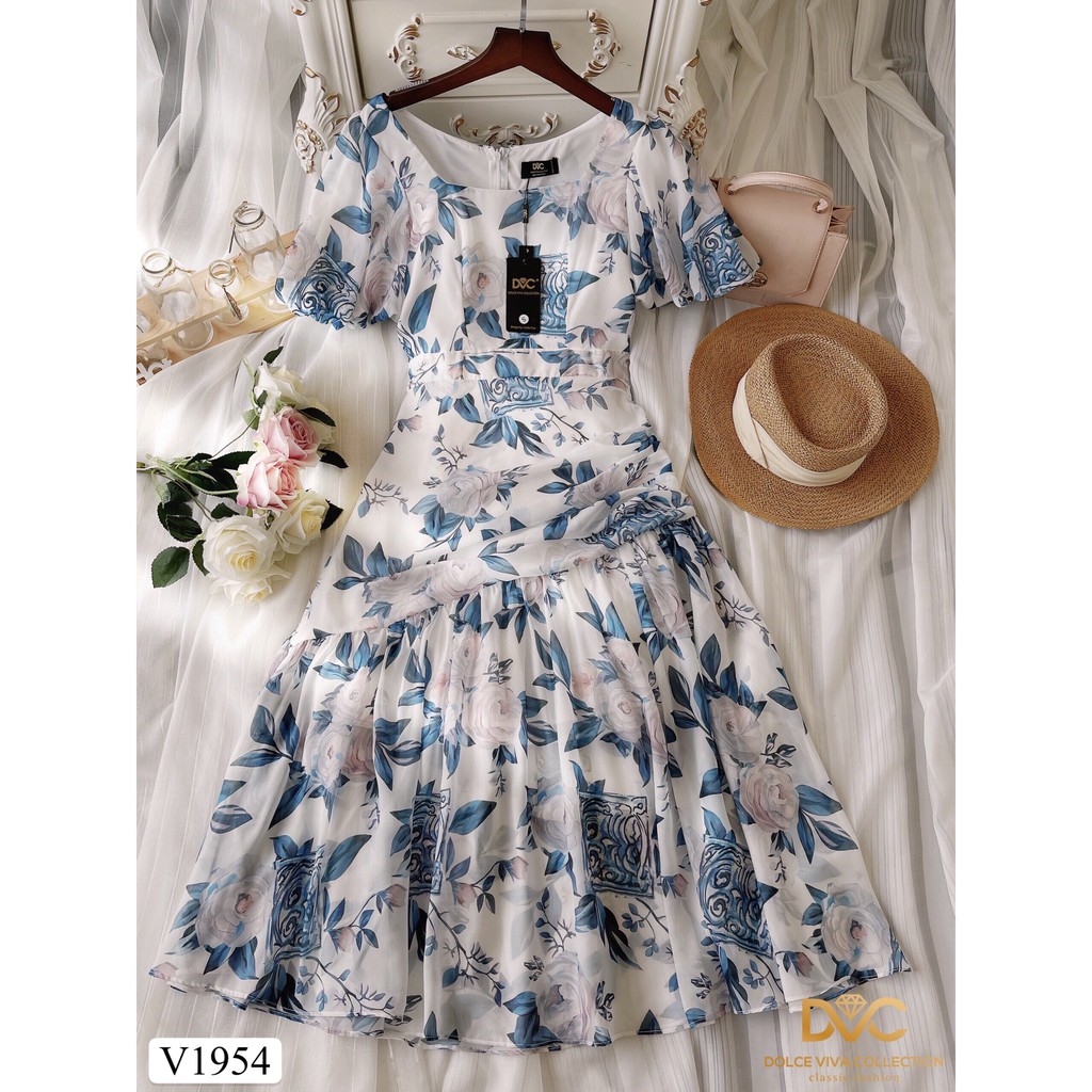 Váy hoa xanh cổ vuông V1954 - Đẹp Shop DVC (Kèm ảnh thật trải sàn do shop tự chụp)