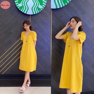 Váy bầu công sở tay ngắn đầm bầu chất đũi lụa màu vàng cổ v