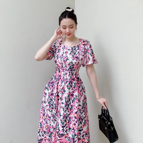 Đầm Hoa Công Sở Cổ Vuông Phối Hoa AKARA K153 Tay Phồng Full Size S, M, L,XL,XXL | BigBuy360 - bigbuy360.vn