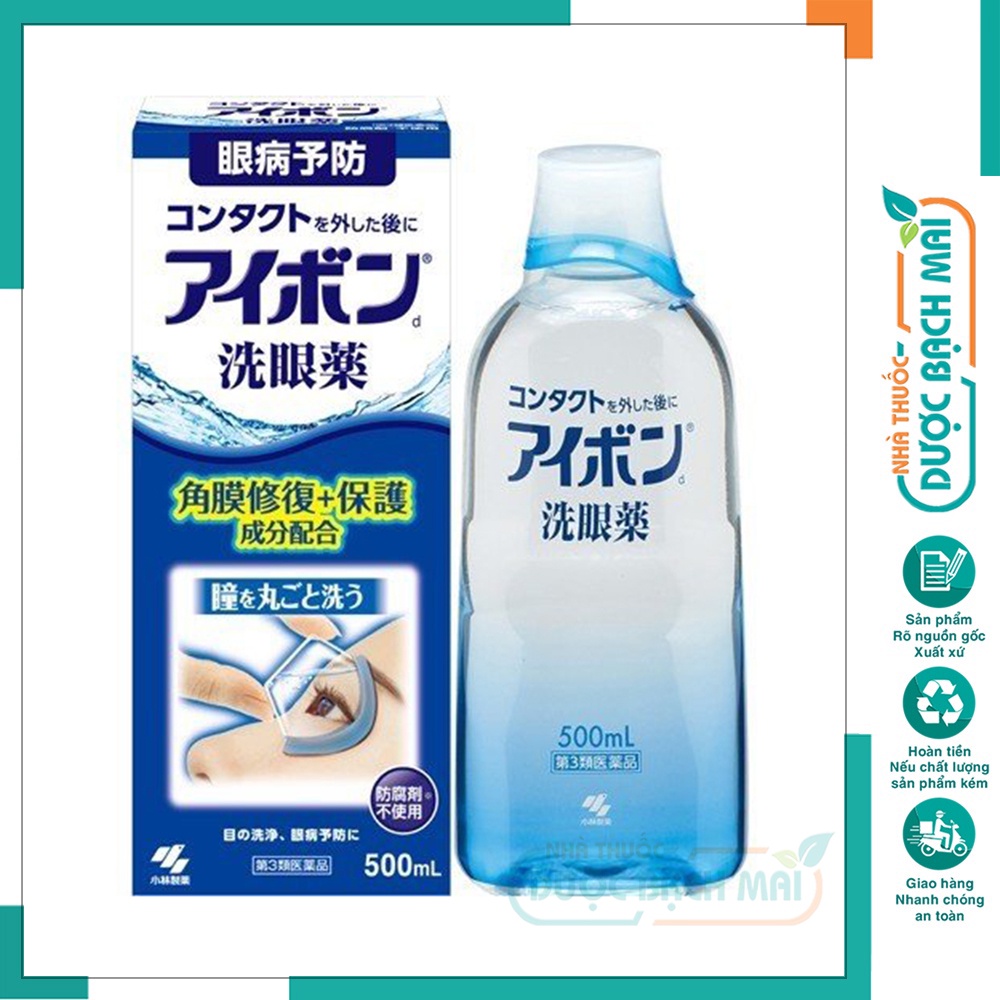 Nước rửa mắt Eyebon W Vitamin Kobayashi làm sạch mắt khỏi bụi bẩn, trang điểm - Chai 500ml (Nhật Bản)