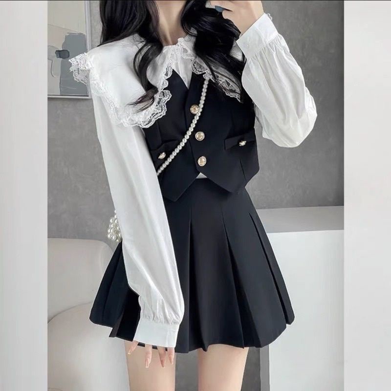ẢNH thật Háng loại 1 set áo sơ mi bánh bèo phôi gile kèm váy xoè tiểu thư siêu trẻ trung phong cách tỷ tỷ trung quốc