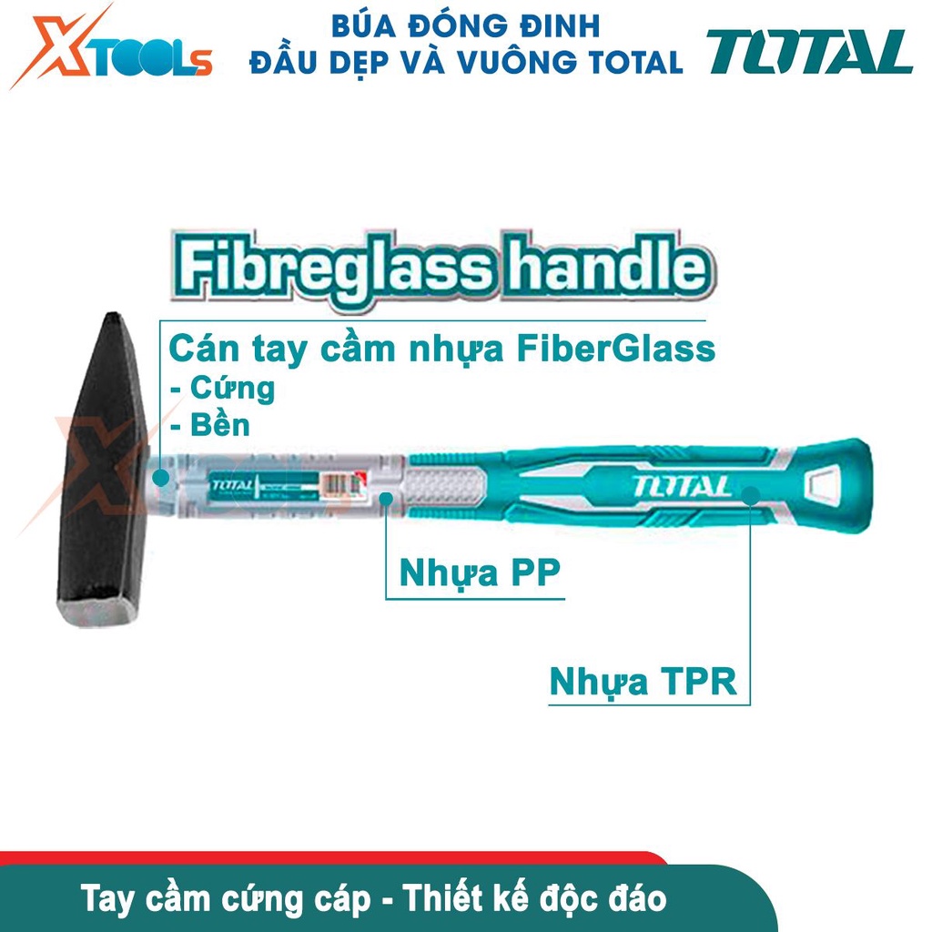 Búa đóng đinh đầu dẹp và vuông TOTAL đầu búa nặng 100-300g, thép carbon 45 rèn thả cứng cáp độ bền cao-CHÍNH HÃNG-XTOOLS