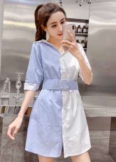 Đầm sọc xanh phối trắng kèm belt (kèm hình thật)