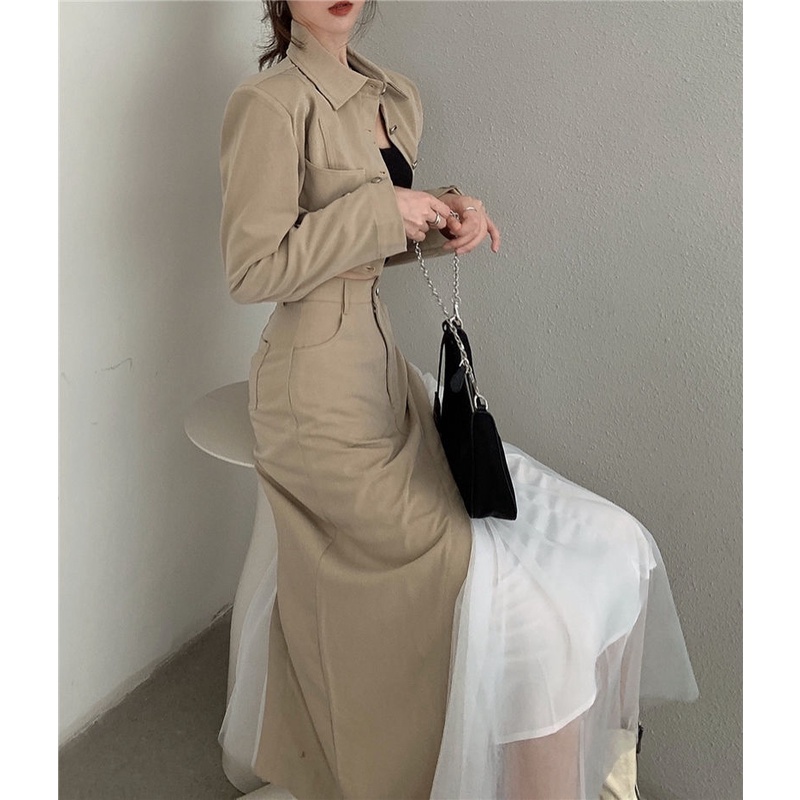 Set áo khoác dáng ngắn + váy lưng cao phối lưới thời trang mùa thu mới 2021 (có bán lẻ)