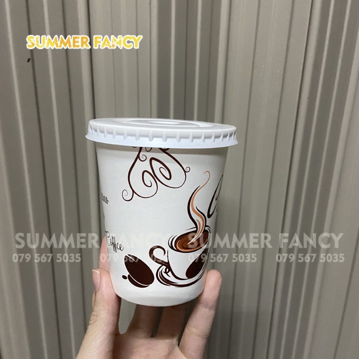 50 ly giấy 270ml ~ 9oz nắp đen phong cách Hàn Quốc Coffee time in hình, trắng trơn dùng 1 lần - Paper cup